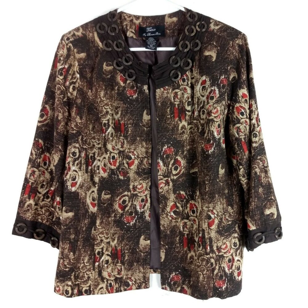 Vintage Art to Wear Silk Blazer Womens M Brown Abstract Metallic Trim Boho 90s